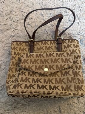 Michael Kors Brown and Tan MK Logo Tote with Front Pocket